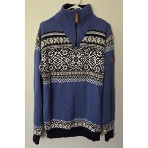 Icewear Oslo Unisex Nordic Sweater Blue Cotton Knit Fair Isle 1/4 Zip Size Large